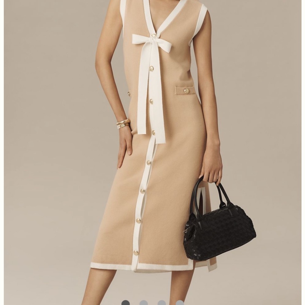 NWT English Factory Bow Button Front Knit Midi Tan & Cream Sleeveless Dress